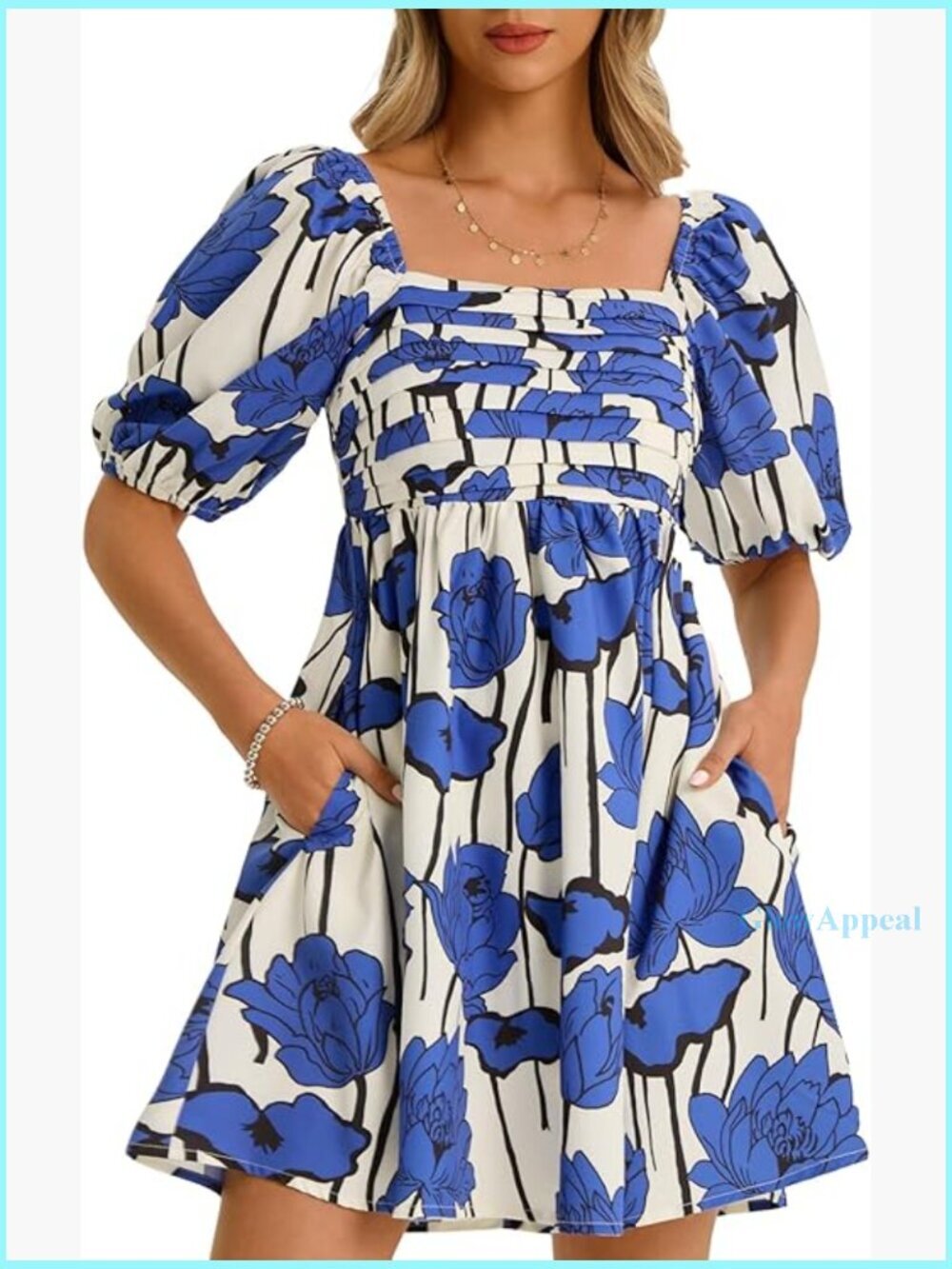 Summer Square Neck Mini Dress Floral Puff Sleeve Smocked Waist A-Line